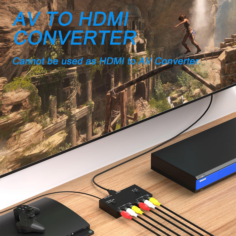 2 AV to HDMI Converter, 1080P/720P 2 Port RCA Composite CVBS AV Switch to HDMI Converter Adapter Support 4:3/16:9 Switching, for TV PC PS2 PS3 N64 NGC SNES WII VHS VCR Camera DVD-Black 2AV to HDMI Converter