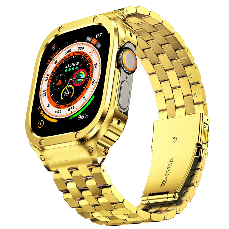SUPLINK Rugged Case with Sport Band for 49mm Apple Watch Ultra 3 2 1 Bands Black and Stainless Steel Apple Watch Band for Men Gold