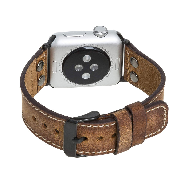Venito Como Leather Watch Band Compatible with the Apple Watch Series 1,2,3,4,5,6,7,SE - 45mm/44mm/42mm/41mm/40mm/38mm w/Stainless Steel Hardware (Antique Brown w/Black Connector&Clasp, 38-40mm)