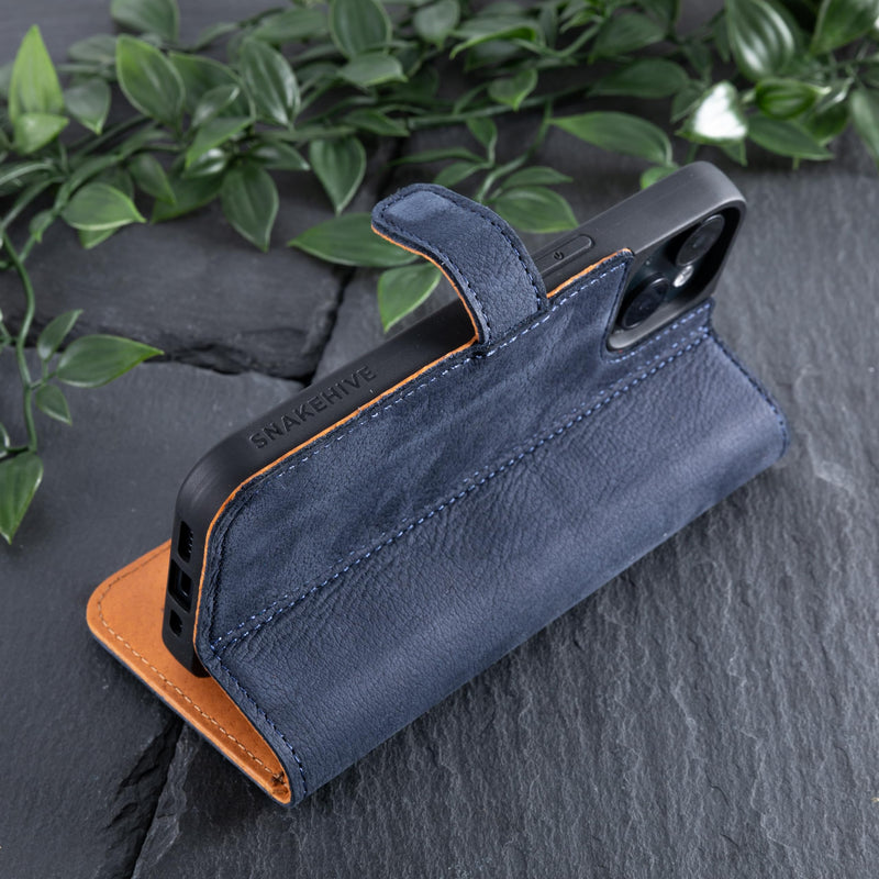 Snakehive Leather Wallet for iPhone 15 - Real Leather Wallet Phone Case - Genuine Leather with Viewing Stand and 3 Card Holder - Flip Folio Cover with Card Slot (Navy) Navy