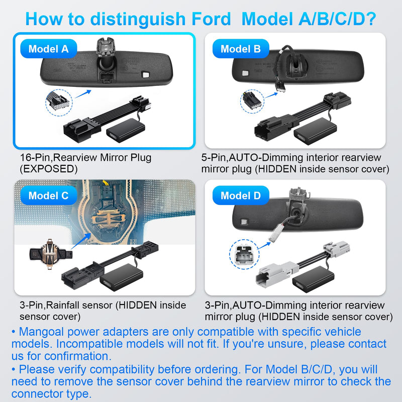 [AUSTRALIA] - mangoal Dashcam Power Adapter Custom for Ford 16 Pin (Model A) for F150/F250/F350 Explorer Bronco and etc,Hide The Wires,GPS Radar Mirror Camera Dash Cam Adapte,Connects to Rearview Mirror(Exposed) 
