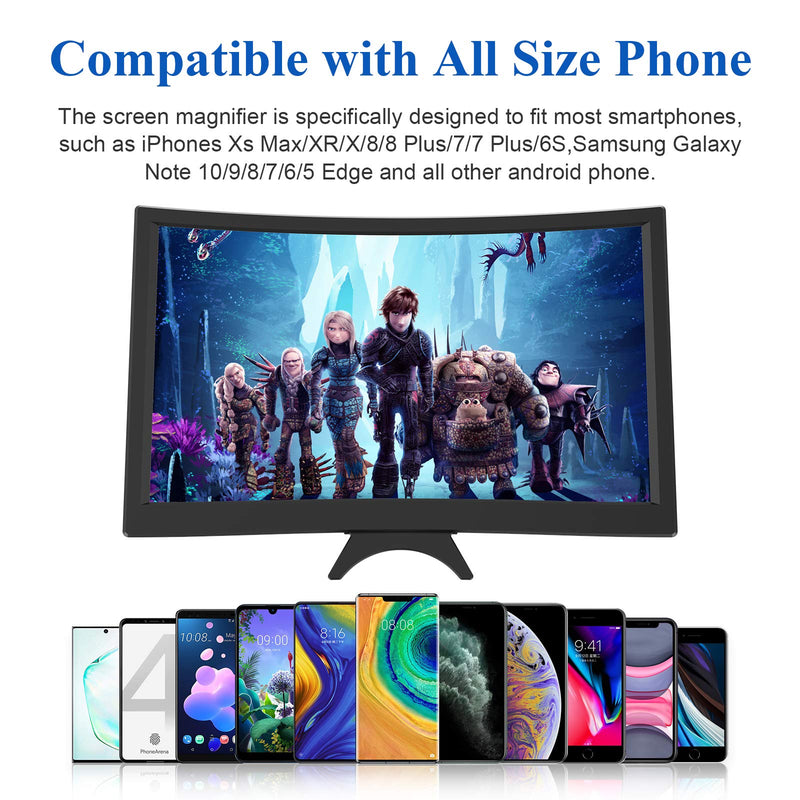 14" Curved Screen Magnifier for Cell Phone -3D HD Magnifing Projector Screen Enlarger for Movies, Videos, and Gaming – Foldable Phone Stand Holder with Screen Amplifier–Compatible with All Smartphones