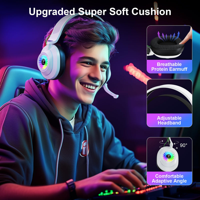 [AUSTRALIA] - Vakedy HW10 Wireless Gaming Headset for PS5, PS4, PC, Switch, Mac, 2.4GHz Wireless Gaming Headphone with Flip Noise Canceling Mic, 50H Battery, 50mm Drivers, RGB Lights (White/Black) White/Black 