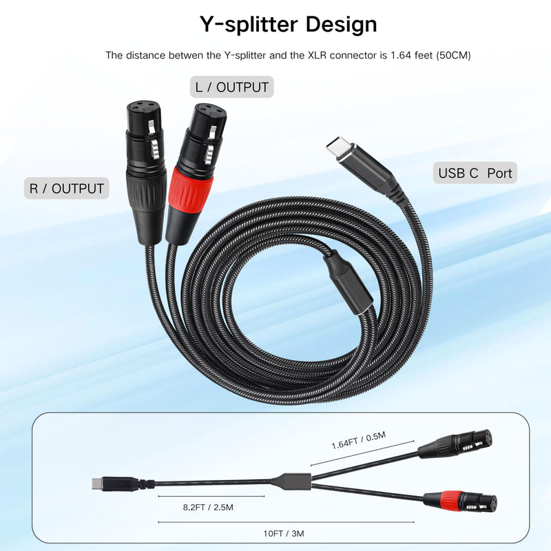USB C to Dual XLR Female Audio Cable, 10FT USB C to 2 XLR Female Mic Adapter for Amplifiers, Active Speakers, Mixing Consoles Black Braided USB C to Dual XLR Female