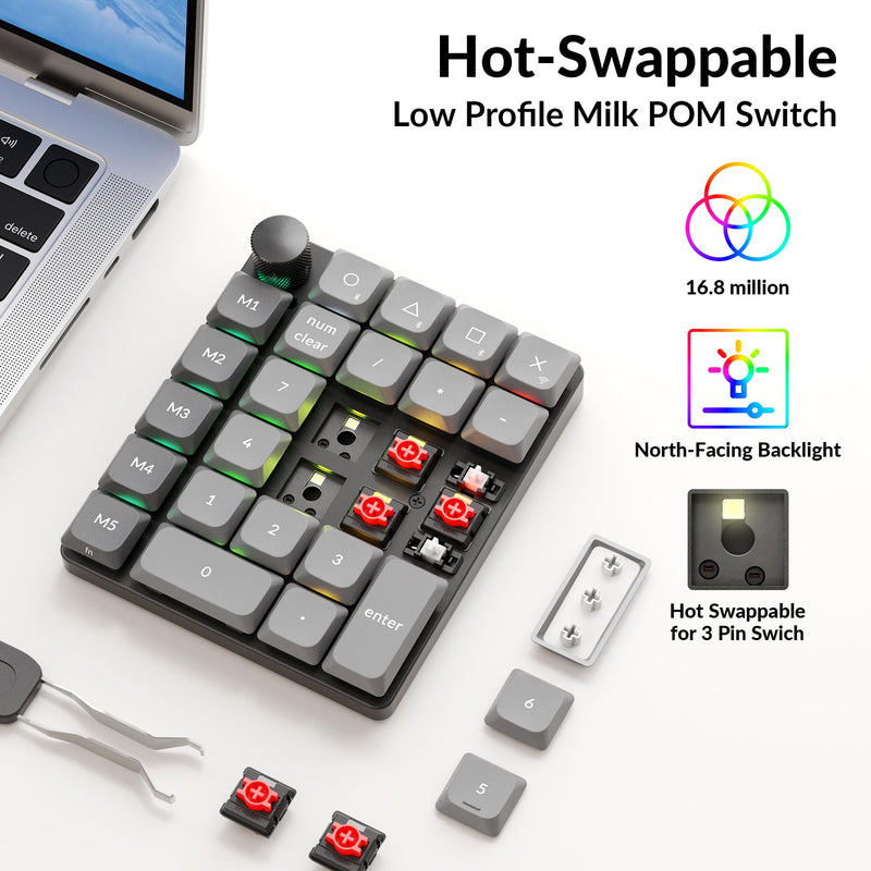 Keychron K0 Max Wireless Low-Profile Number Pad, QMK/VIA Programmable, Hot-Swappable Red Switch, RGB Backlit, 2.4GHz & Bluetooth 5.3, 1000Hz Polling Rate, with Knob, for Windows/Mac Black