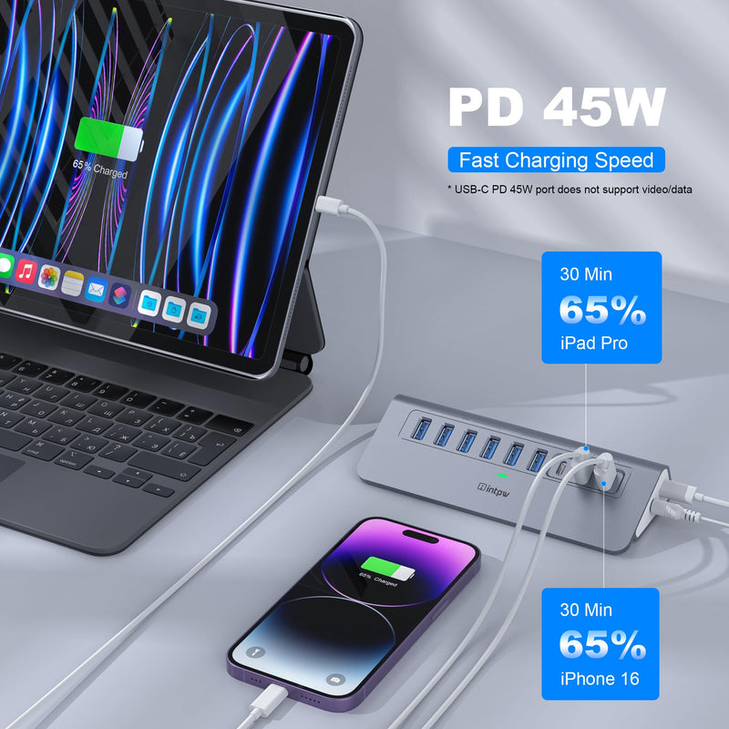 Powered USB Hub 10Gbps, intpw YH6AC 9-Port USB Splitter with USB A/USB C 3.2, 4 USB 3.0, 2 PD 45W Charging Ports, 65W Power Adapter + 3.3FT Cable, Aluminum USB Extender Hub for Laptop, PC,iPhone 17/16 Gray 9 Port