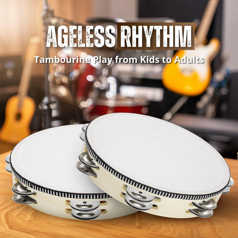 Flexzion Wood Handheld Tambourine for Kids (2 Pack) 8 Inch Double Row 12 Pair Jingles, Hand Held Percussion Drum Moon Musical Instrument with Metal Bell 8 Inch (2 Pack) Double Row - Wood