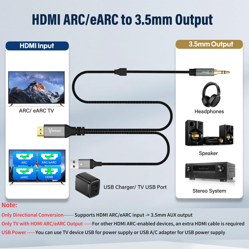 HDMI ARC to 3.5mm AUX Audio Extractor Converter Cable 3 FT, USB Powered ARC/eARC to Stereo Male Adapter Splitter,192KHz PCM for TV Sound System Speaker Soundbar Home Theater Amplifier,Plug & Play 3FT