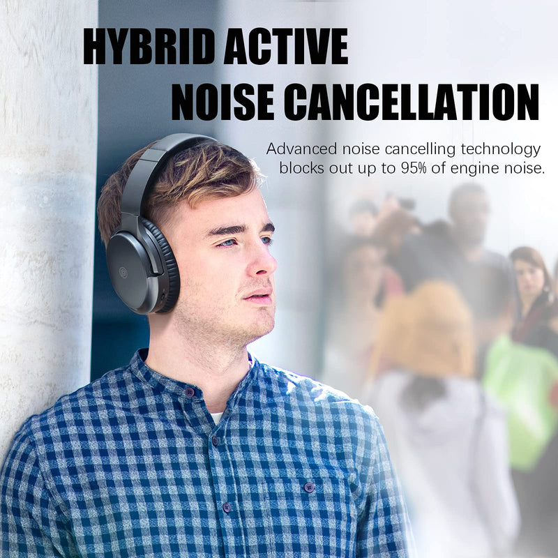 Active Noise Cancelling Headphones, 100H Playtime Headphones Wireless Bluetooth, Bluetooth Headphones with Microphone, Over- Ear Wireless Headphones with Deep Bass for Travel (Pure black) Pure black