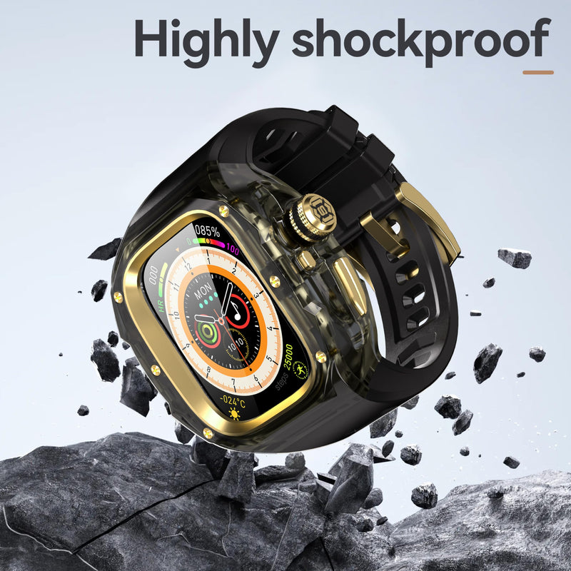 Rugged Case with Band Compatible with Apple Watch Ultra 3/2/1 49mm, [ECG Function Supported] Metal Bumper Protective Cover with One-Click Pop-Up Design,Sport Strap for Men Gold&Black