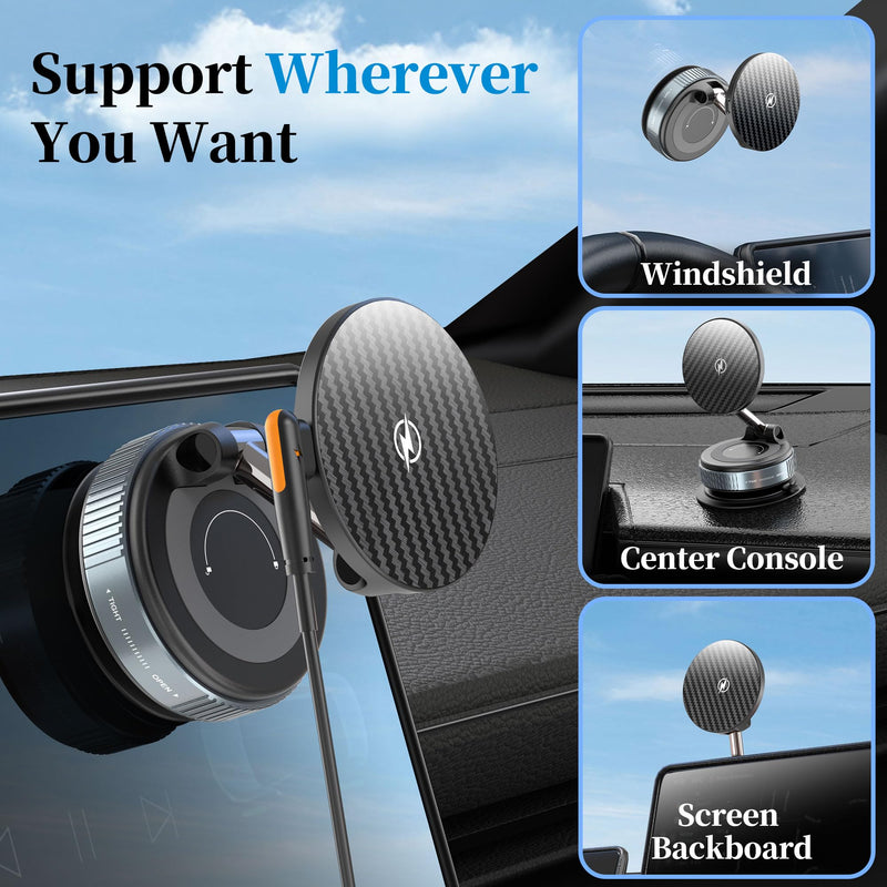 PlusAcc Vacuum Magnetic Phone Holder for Car, Mount for MagSafe, Charging | Suction Cup 360° Rotatable Strong Magnet Stand for iPhone 17/16/15/14/13 in Smooth Surface