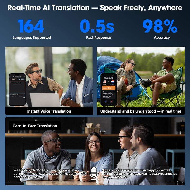 AI Smart Glasses with Camera, 8MP 4K/1080P Video Recording Glasses, Real-Time Translation, AI Voice Assistant & Object Recognition, Open-Ear Audio, Photochromic UV400 Lenses for Travel & Business