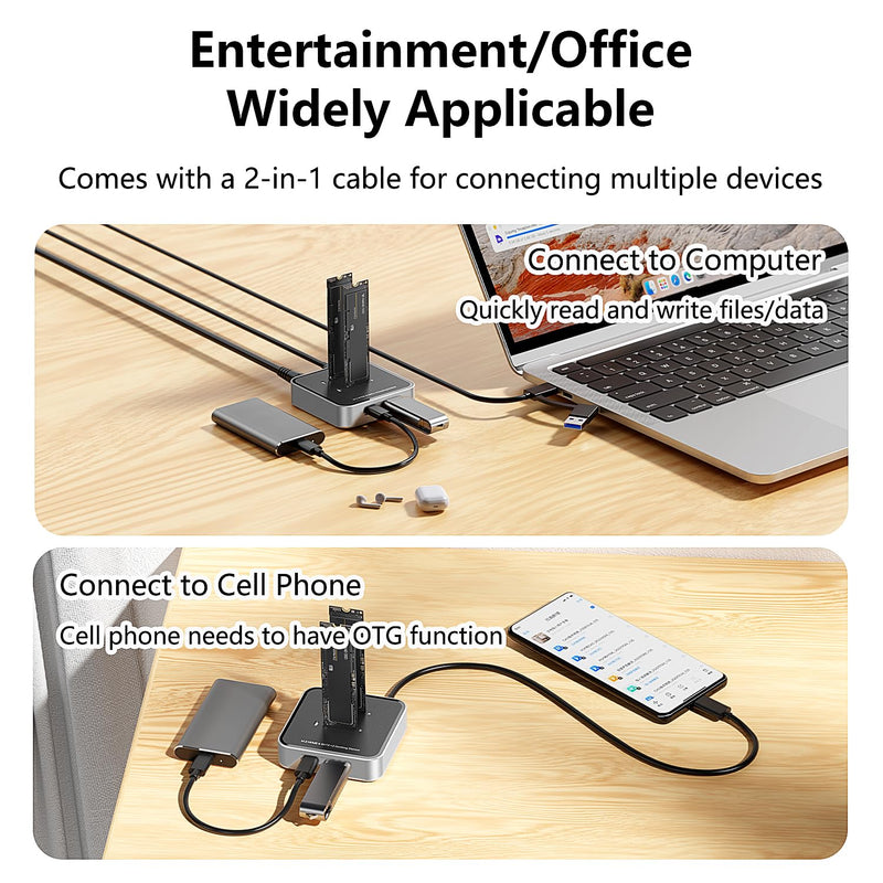 Dual Bay M.2 NVME SATA SSD Enclosure, USB 3.2 10Gbps HUB PCIE NVMe Docking Station, Up to 16TB, Plug and Play, with M.2 SSD Storage Case