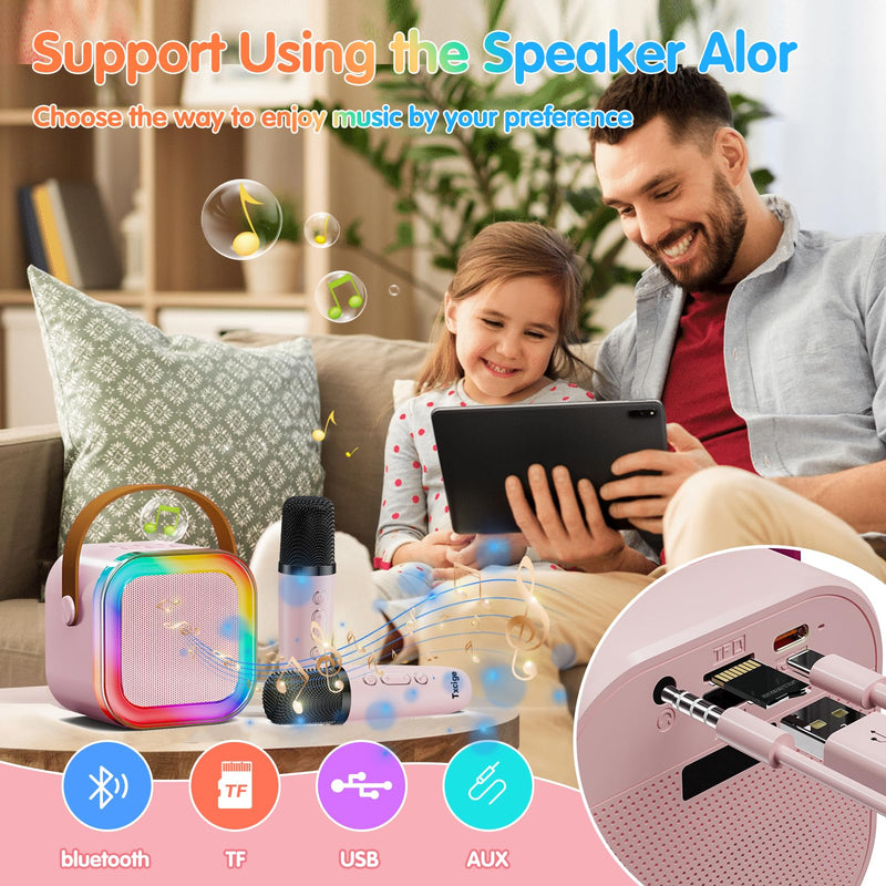 [AUSTRALIA] - Txcige Mini Karaoke Machine for Kids Adults, Portable Bluetooth Karaoke Speaker with 2 Wireless Microphones & Colorful Lights, Karaoke Machine for Girls Boys Birthday Christmas (Pink) Pink 