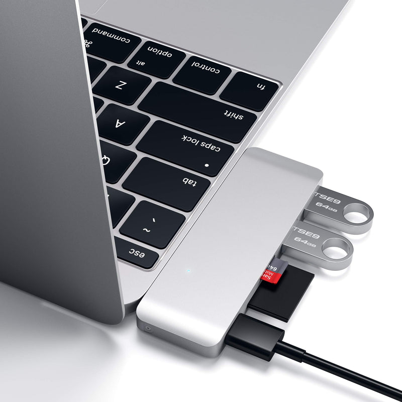 Satechi Aluminum Type-C USB 3.0 3-in-1 Combo Hub with USB-C Pass-Through - Compatible with 2018 MacBook Air, 2018 iPad Pro, 2015/2016/2017 MacBook 12-Inch and More Silver