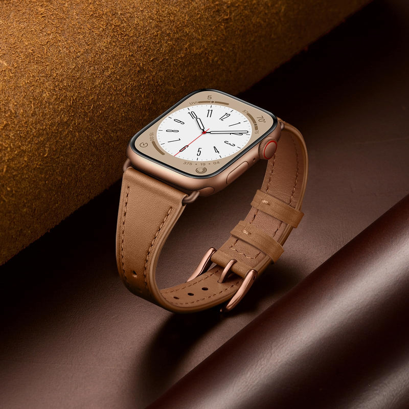 XCCYBTT Slim Leather Bands Compatible with Apple Watch Band 42mm 41mm 40mm 38mm, Genuine Leather Band Strap for iWatch Series 10/9/8/7/6/5/4/3/2/1/SE Women, Brown/Rose Gold and Brown/Black