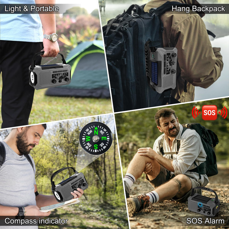 10000mAh Emergency Weather Radio with Solar Charging, Hand Crank Radio Solar Radio Portable Radio AM/FM/NOAA Radio LED Flashlight Reading Lamp Compass Phone Charger Outdoor Camping-Grey Grey