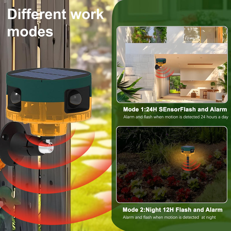 [AUSTRALIA] - Solar Outdoor Motion Sensor Alarm: Dog Barking&Gunshot Sound, 129db Loud Siren,Support Recording, 13 Kinds of Sound Strobe Light Yellow 1 Pack 