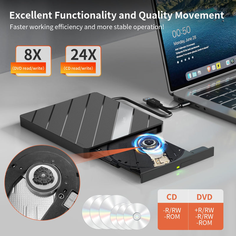 Alxum External CD DVD Drive for Laptop, 8 in 1 Portable Disc Reader Burner | External CD DVD Drive, USB Optical Disc Drive CD ROM DVD Player Rewriter with Multiple Ports for Windows/Mac OS/Linux/Vista Black