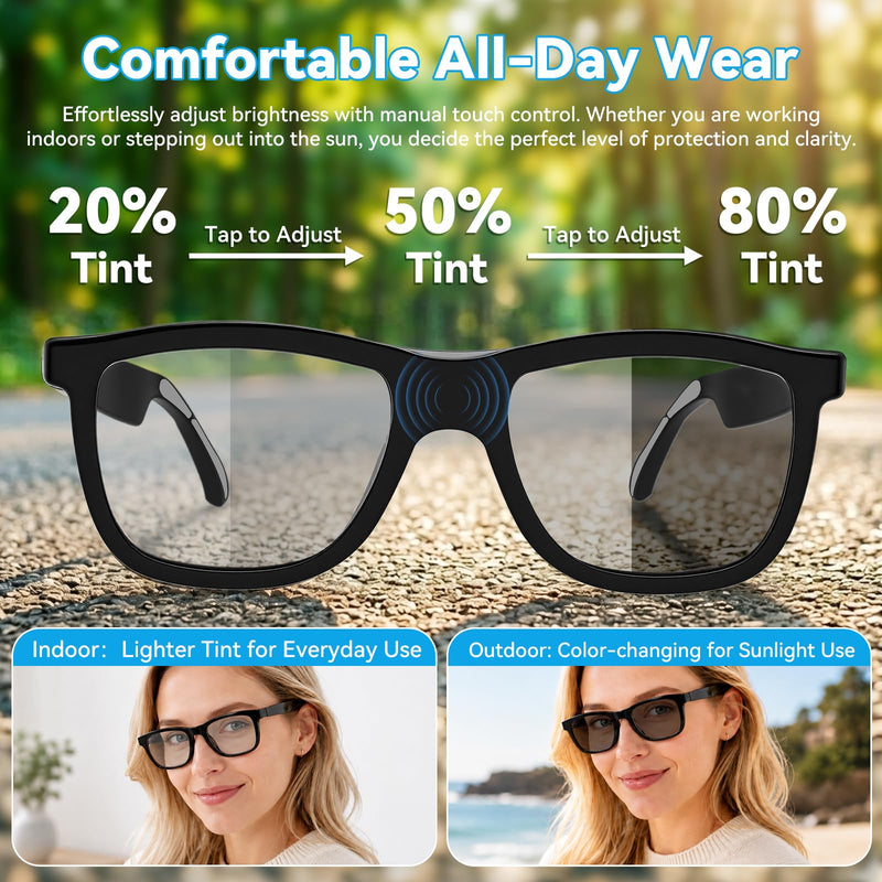 Smart Glasses with Bluetooth Speakers and Manual Tint Control, Adjustable Color Changing Sunglasses for Driving Fishing Hiking Outdoor, Hands-Free Calls and Music, Audio Glasses Men Women