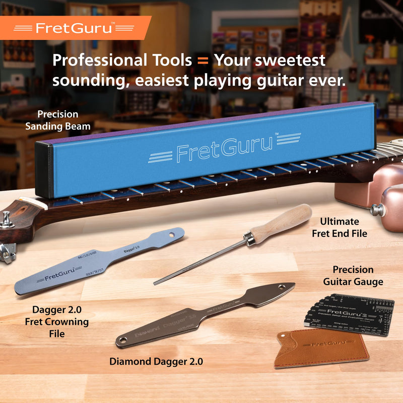 FretGuru Sanding Beam Fret Leveler (16" ~400mm) Professional guitar luthier leveling file includes 240, 320, 400, 600 Grit Advanced Film-Backed Ceramic Sandpaper, naphtha based adhesive remover wipes 16"