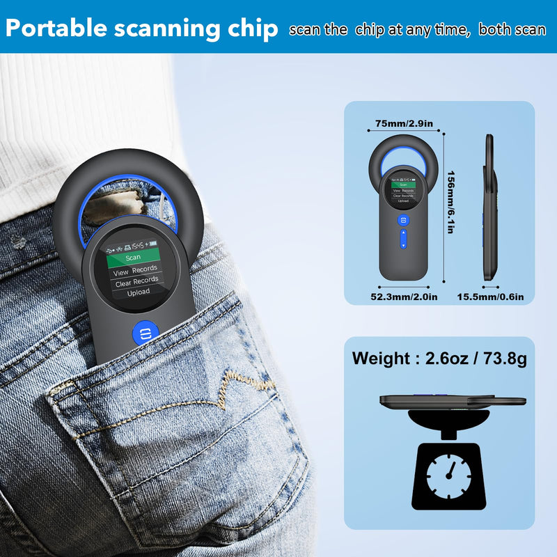 Symcode Bluetooth Pet Microchip Reader Wireless RFID Animal Chip ID Reader Scanner Animal ID Tag Handheld Scanner Animal Tag Reader EMID FDX-B(ISO11784/11785) 134.2KHz/125KHz Pet Microchip Scanner Q30