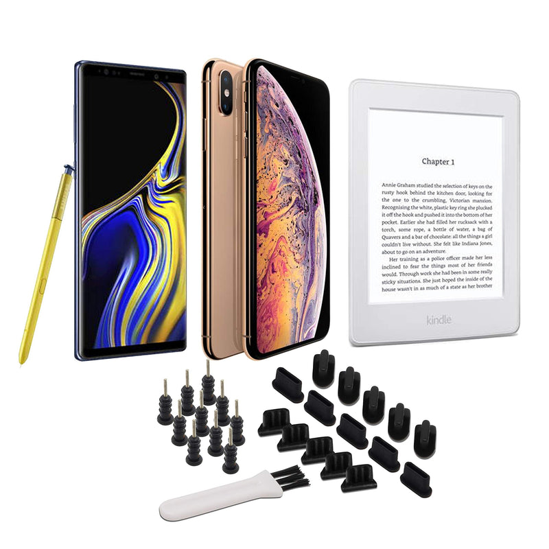 Universal 25pc Charging Port Cover Set, Compatible with iPhone, USB-C, Android, Micro USB, Tablets - Includes Headset Plugs, SIM Tool & Cleaning Brush (Black) Black 25 piece