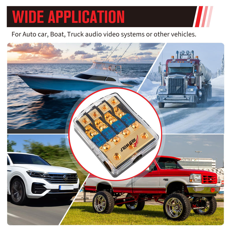 RED WOLF 2 Way & 4 Way Fuse Holder 60A, 0/2/4 Gauge In 4/8 Gauge Out Copper Fuse Distribution Block for Car Boat Trolling Motor Marine Audio Amplifier Stereo Video System 12V