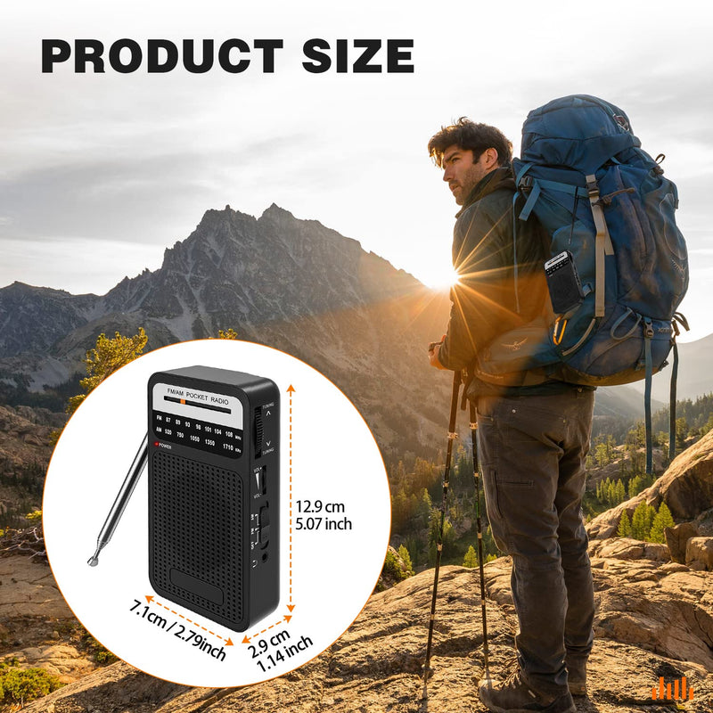 Portable Radio AM FM, Goodes Transistor Radio with Loud Speaker, Headphone Jack, 2AA Battery Operated Radio for Long Range Reception, Pocket Radio for Indoor, Outdoor and Emergency Use Black