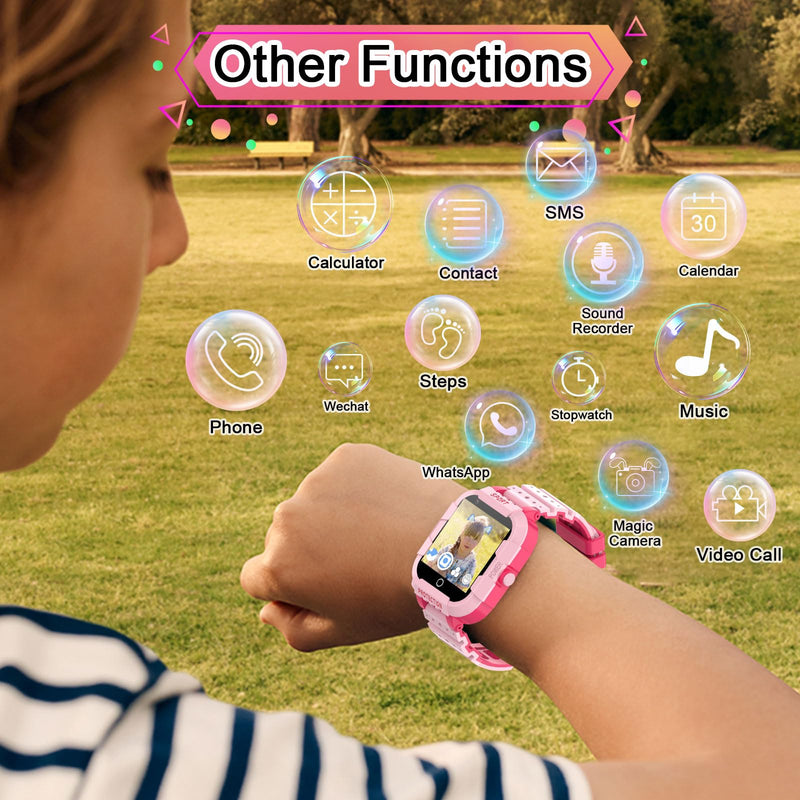 Wonlex 4G GPS Smart Watch for Kids with SIM Card, 1.4" Touch Screen Kids Smartwatch for Boys Girls Gift, Kids Phone Watch with Video Calls/Voice Chat/Camera/Music/Alarm/SOS/Pedometer Pink