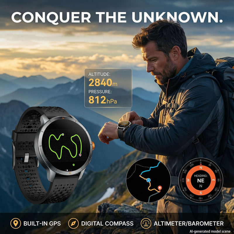 Rugged Smart Watch, 1.6" AMOLED GPS, 5ATM Waterproof - Black | 1.6" AMOLED rugged GPS watch, 5ATM waterproof, SOS button, altimeter, barometer, compass, 450mAh, 2 bands