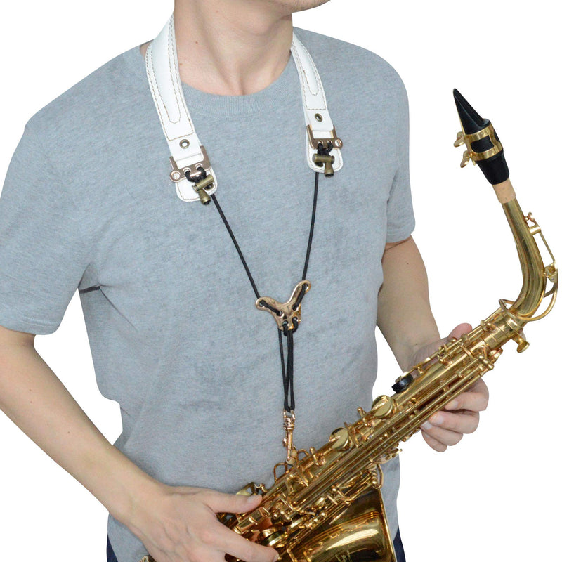 adorence Leather Saxophone Neck Strap - (Ergonomic, Breathable, Metal Swivel Snap Hook) Sax Neck Strap for Alto Tenor -White White