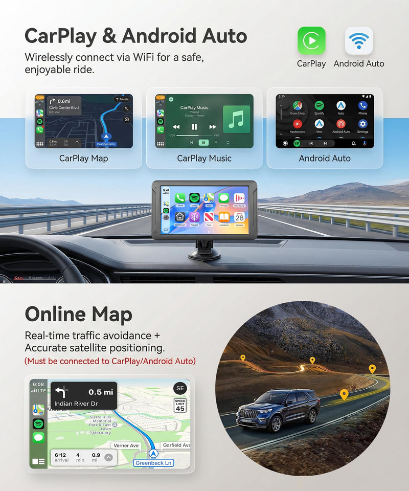 7-Inch HD IPS Portable Carplay Screen for Car, Wireless CarPlay & Android Auto, Bluetooth Music & Call, Wireless Screen Mirroring, CVBS Rearview Camera Compatible with Adjustable Brightness