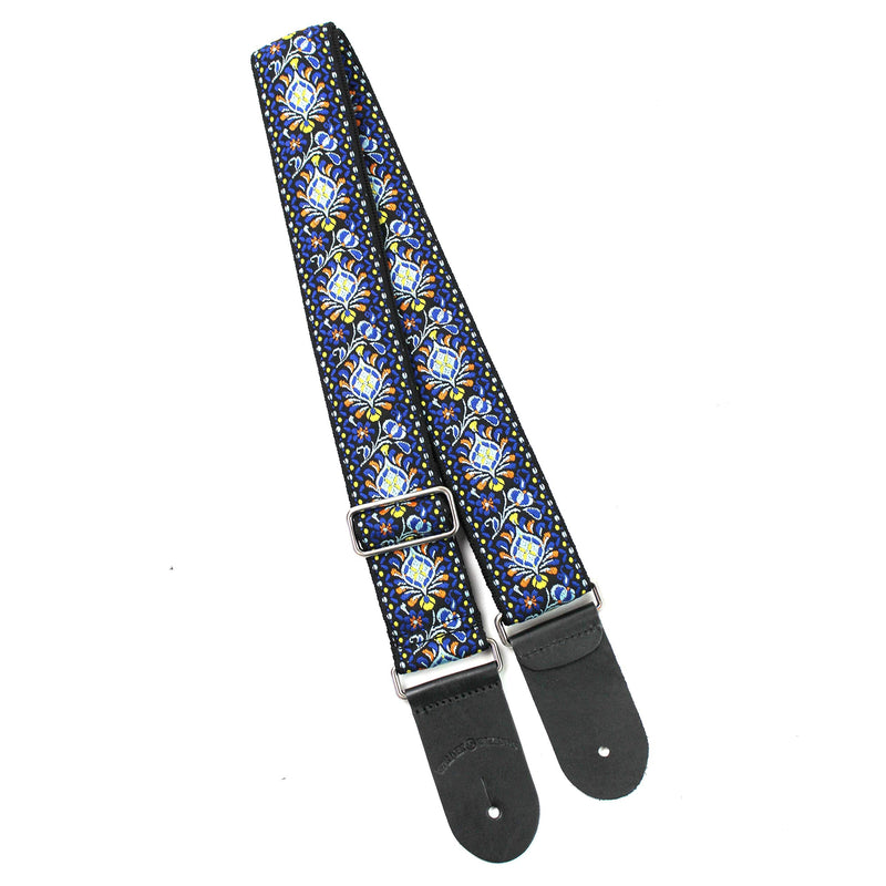 Walker & Williams H-29-CHR Vintage Series Blue Cheer Woven Hippie Guitar Strap With Brushed Nickel Hardware And Thick Leather Ends For Acoustic, Electric, And Bass Guitars