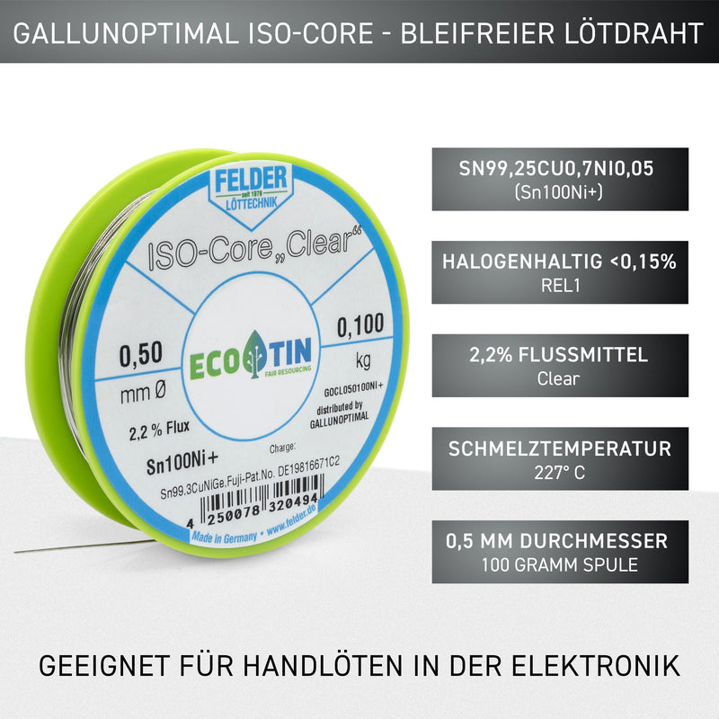 Felder Solder ISO Core Soldering Wire Clear Sn100Ni+ Sn99.3CuNiGe (0.5 mm to 100 g)