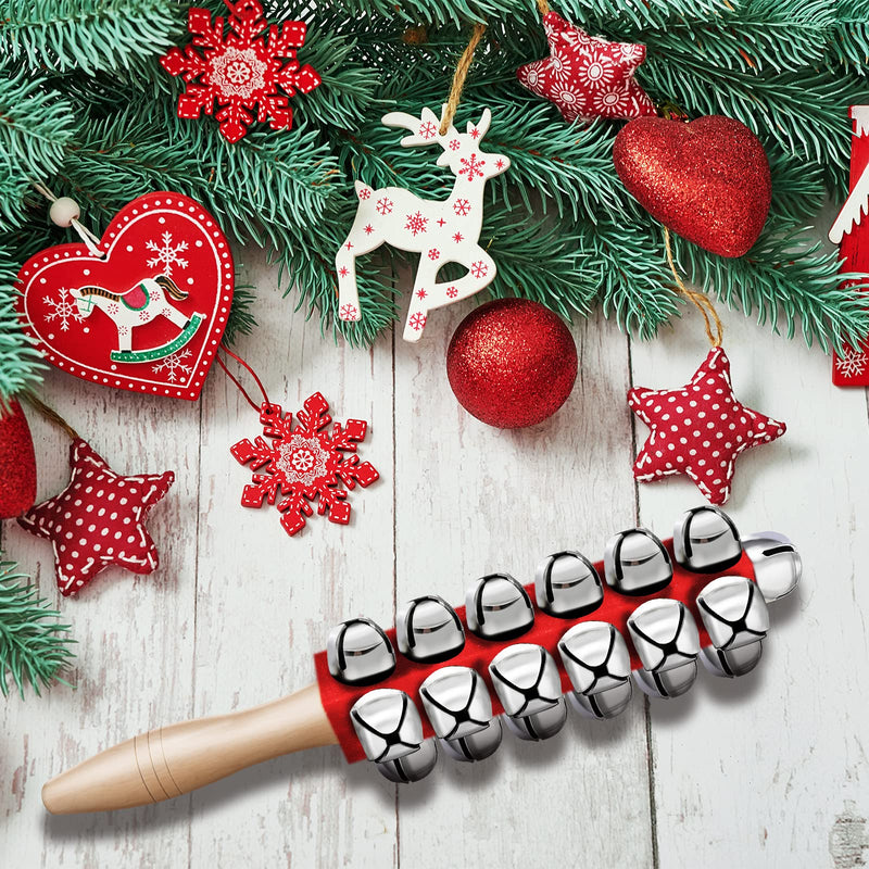 2 Pieces Christmas Hand Jingle Bells Wooden Handle Sleigh Christmas Stick Jingle Shaker Rattles Percussion Musical Bell Instruments for Kids Holiday Xmas Toys(Red)