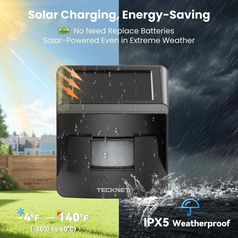 [AUSTRALIA] - TECKNET Solar Wireless Driveway Alarm with 2600FT Long Range & 36 Melodies & 5 Volumes and Supports 4 Zones Weatherproof Motion Sensor Alarm to Protect Inside/Outside Property (1 Receiver 1 Sensor) RGB Receiver and Sensor 