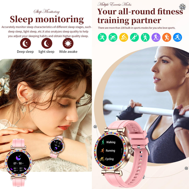 Smart Watch for Women(Answer/Make Calls), 5ATM Waterproof Fitness Watch Fitness Watch with Heart Rate/SpO2/Blood Pressure, Bluetooth Smartwatch for Android iPhone, with 2 Watch Bands (Gold) Gold