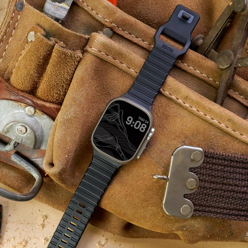 RIDGE Watch Strap - Compatible with Apple Watch 41/42 & Ultra/46 mm (Series 1-10 and SE), Premium FKM Rubber, Stainless Steel Hardware, Adjustable & Fits Most Wrists Matte Black Large
