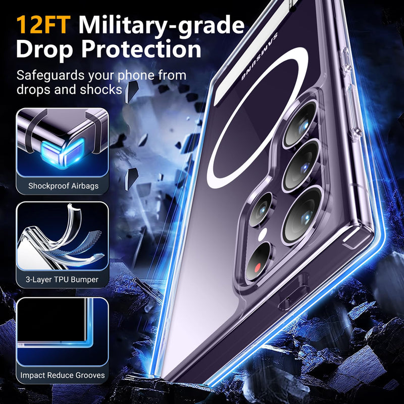 SPIDERCASE Magnetic for Samsung Galaxy S24 Ultra Case, [3 Stand Ways][ Military Grade Drop Protection] with Invisible Stand Shockproof Slim Case for Samsung S24 Ultra 6.8",Clear Clear