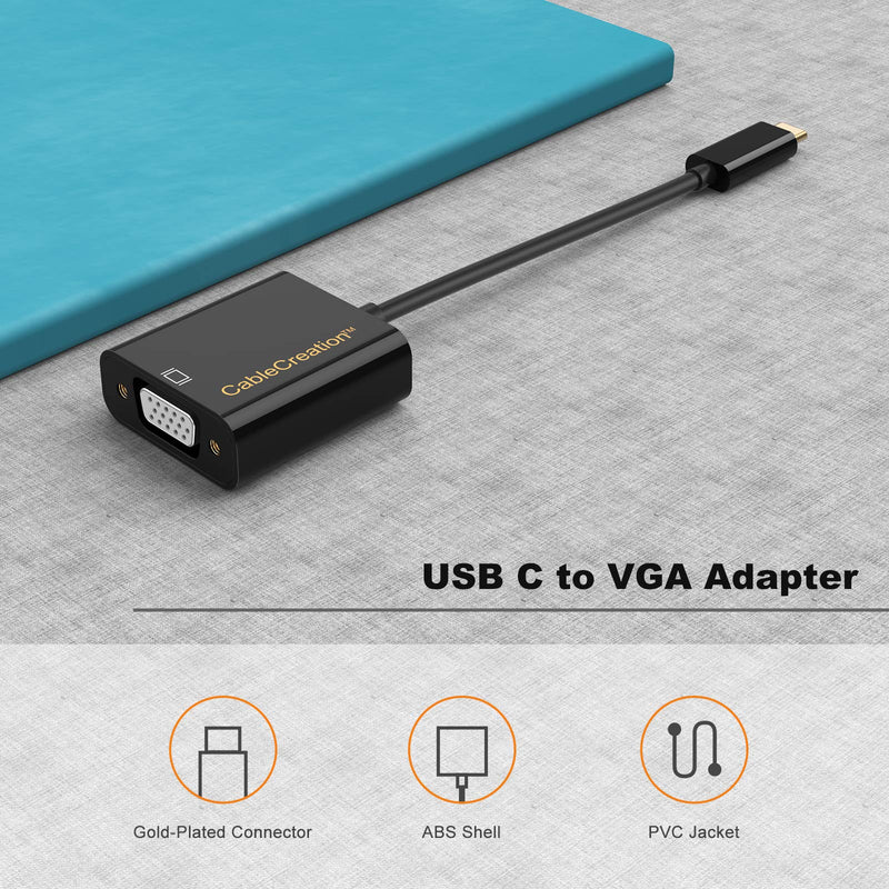 USB C to VGA Adapter, CableCreation USB Type C to VGA Converter, Compatible with MacBook Pro 2020, Mac Mini, iPad Pro 2021/2020, Surface Pro 7, Chromebook Pixel, XPS 13, Galaxy S22/S20, Black Black+ABS Shell