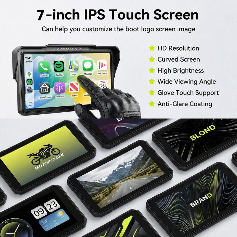 Rimoody 7-Inch Motorcycle Carplay Screen with Wireless Carplay Android Auto for Car, Bluetooth, Supports GPS Navigation, IP68 Waterproof, Detachable Mount, Tire Pressure Monitor, Voice Control 7 Inch Tire Pressure Detection