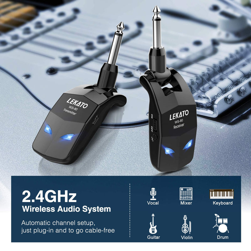 [AUSTRALIA] - LEKATO Wireless Guitar System 2.4GHz Audio Guitar Transmitter Receiver with 4 Channels Rechargeable Guitar Wireless System for Guitar Bass Electric Instruments Practise/Performance(WS-80) 