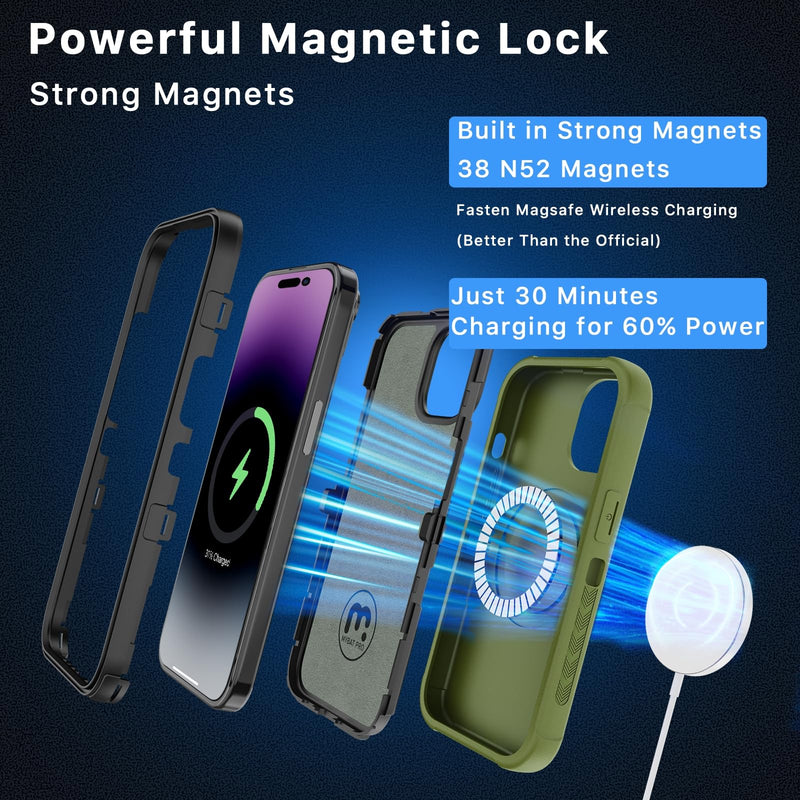 MYBAT PRO Maverick Series iPhone 15 Plus Case – Heavy‑Duty Military Drop Protection, MagSafe Compatible, Built‑in Screen Protector, Removable 360° Belt‑Clip Kickstand, Anti‑Fingerprint Grip iPhone 15 Plus Army Green