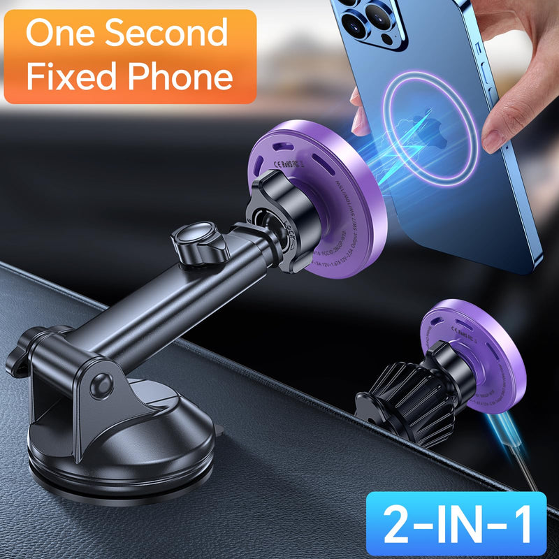 Coolpow for MagSafe Car Mount Charger【Ultra Magnet】 Magnetic Phone Holders for Your Car Charger【Windshield+Vent+Dash】 Magnetic Wireless Car Phone Holder Charger Car Mount for iPhone 17 (Purple) Purple