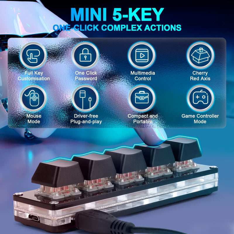 Ecarke Black 5 Keys Mini Macro Mechanical Keyboard Gaming Keypad with USB Data Cable for Windows Mac OSU HID Standard KeyboardUpgrade Cherry Shaft（Upgrade Cherry Shaft & RGB LED）