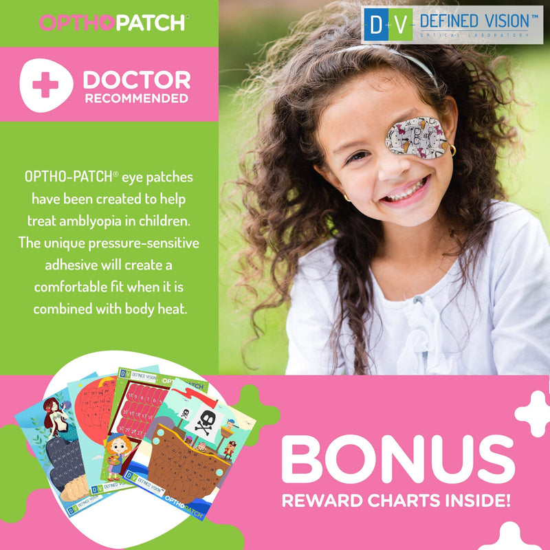 Opthopatch Kids Eye Patches - Fun Girls Design - 90 + 10 Bonus Latex Free Hypoallergenic Cotton Adhesive Bandages for Amblyopia and Cross Eye - 3 Reward Chart Posters by Defined Vision