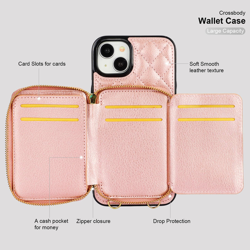 Bocasal Crossbody Wallet Case for iPhone 15 Plus, RFID Blocking PU Leather Zipper Handbag Purse Flip Cover, Kickstand Folio Case with Card Slots Holder Wrist Strap Lanyard 5G 6.7 Inch (Rose Gold) Rose Gold