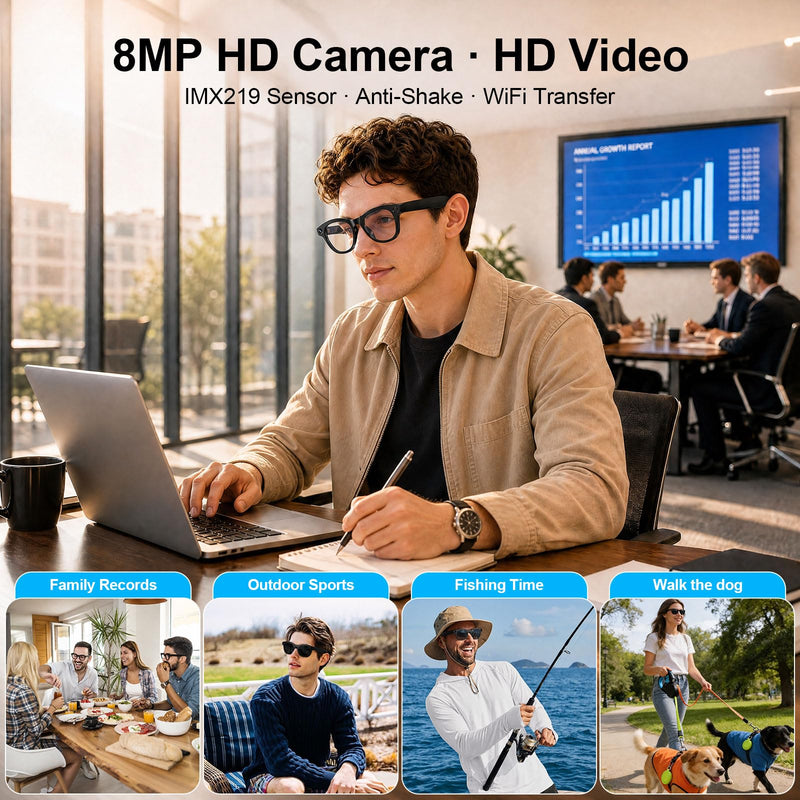 AI Smart Glasses with 1080P Video, Real-Time Translation and Open-Ear Audio | 8MP Photo Camera and AI Voice Assistant with Dual-Mic and WiFi Transfer. Swappable Lenses for Travel, Meetings and Daily Use