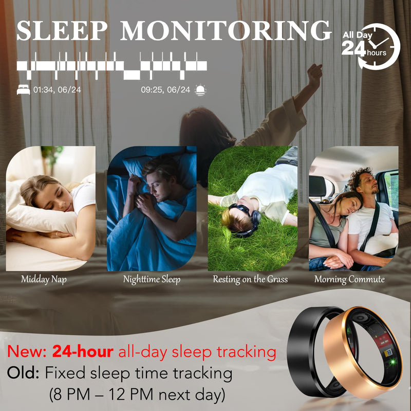 Smart Ring 2.0 for Women Men, Slim Scratch & Fingerprint Resistant Design, Advanced Chip Fitness Tracker, Sleep, Stress & Activity Monitoring, Waterproof, No Subscription Fees, Black 12